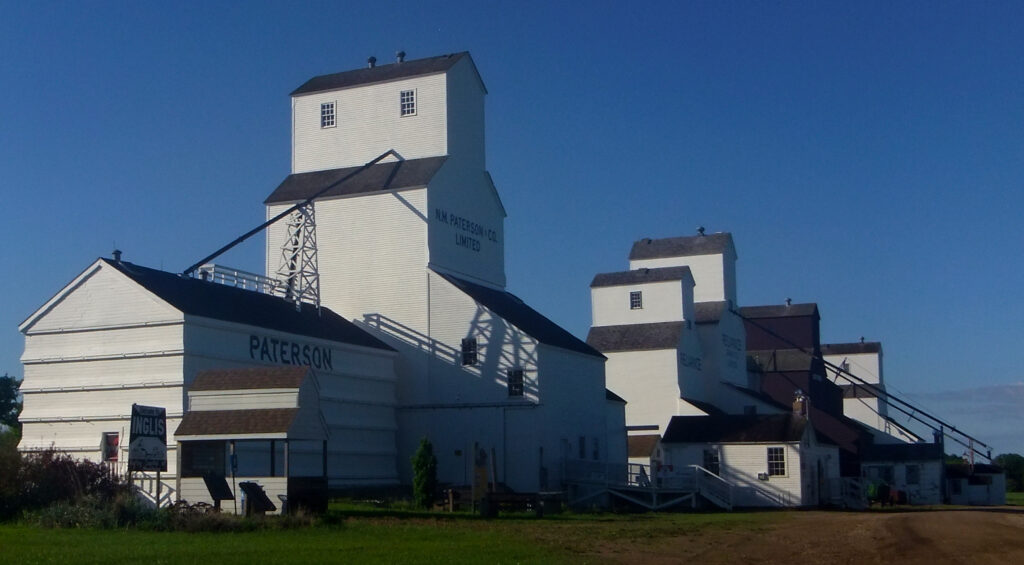 Row of grain elevators in Inglis, MB